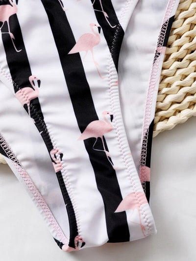 Striped Flamingo Print Side Drawstring Bikini Swimsuit