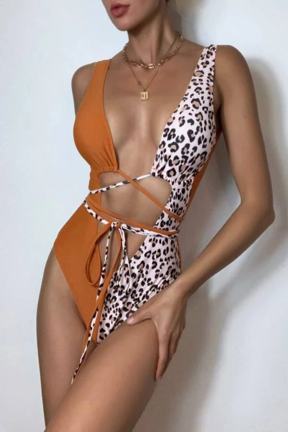 Leopard Open Back Plunging One Piece Swimsuit