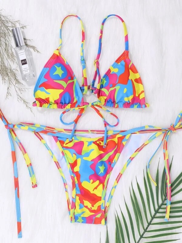Allover Graphic Triangle Tie Side Bikini Swimsuit