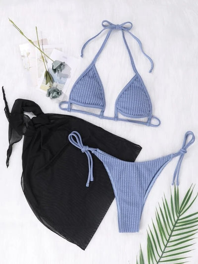 Rib Halter Bikini Swimsuit & Sheer Cover Up 2 Pieces