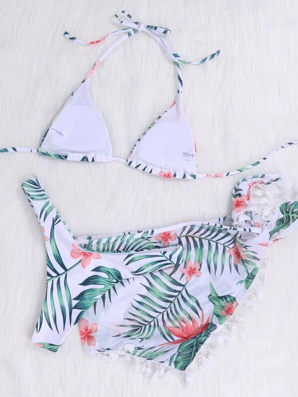 Floral & Tropical Bikini Swimsuit & Beach Skirt 2 Pieces Set
