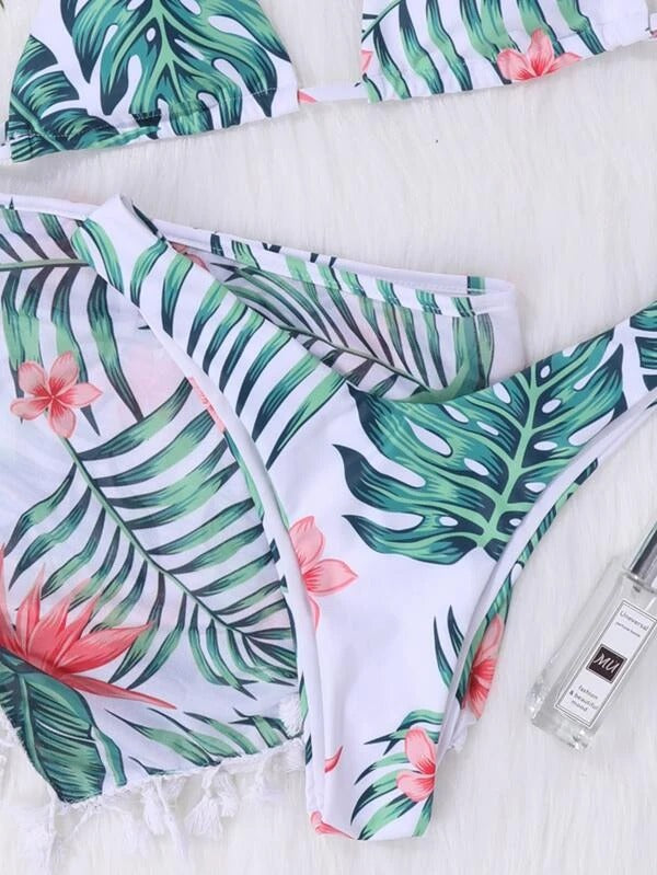 Floral & Tropical Bikini Swimsuit & Beach Skirt 2 Pieces Set