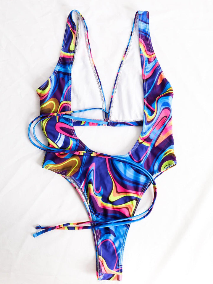 One Piece Printing Swimwear Straps V-neck Swimsuit