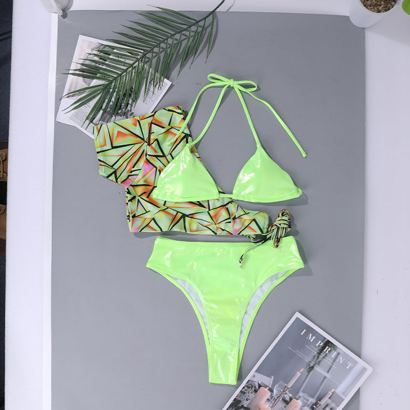 Three pieces Print High Waist Triangle Bikini Swimwear Beachwear