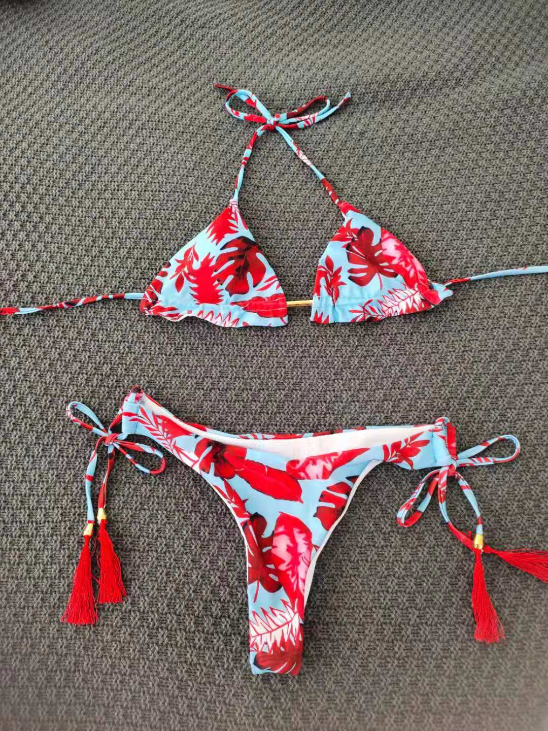 Spaghetti Strap Halter Tropical Print Bikini Set