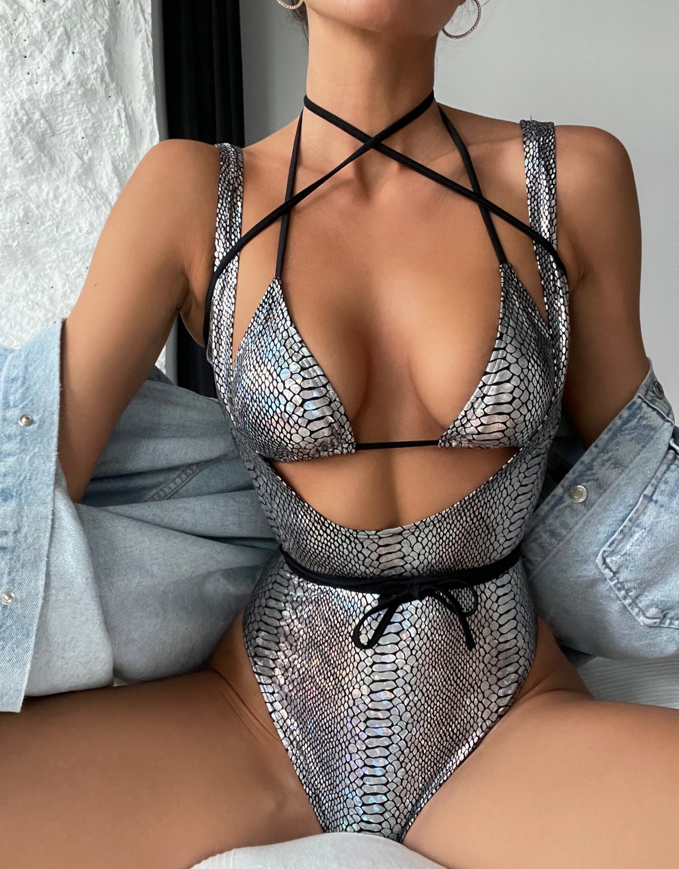 Snakeskin Print Triangle Thong OnePiece