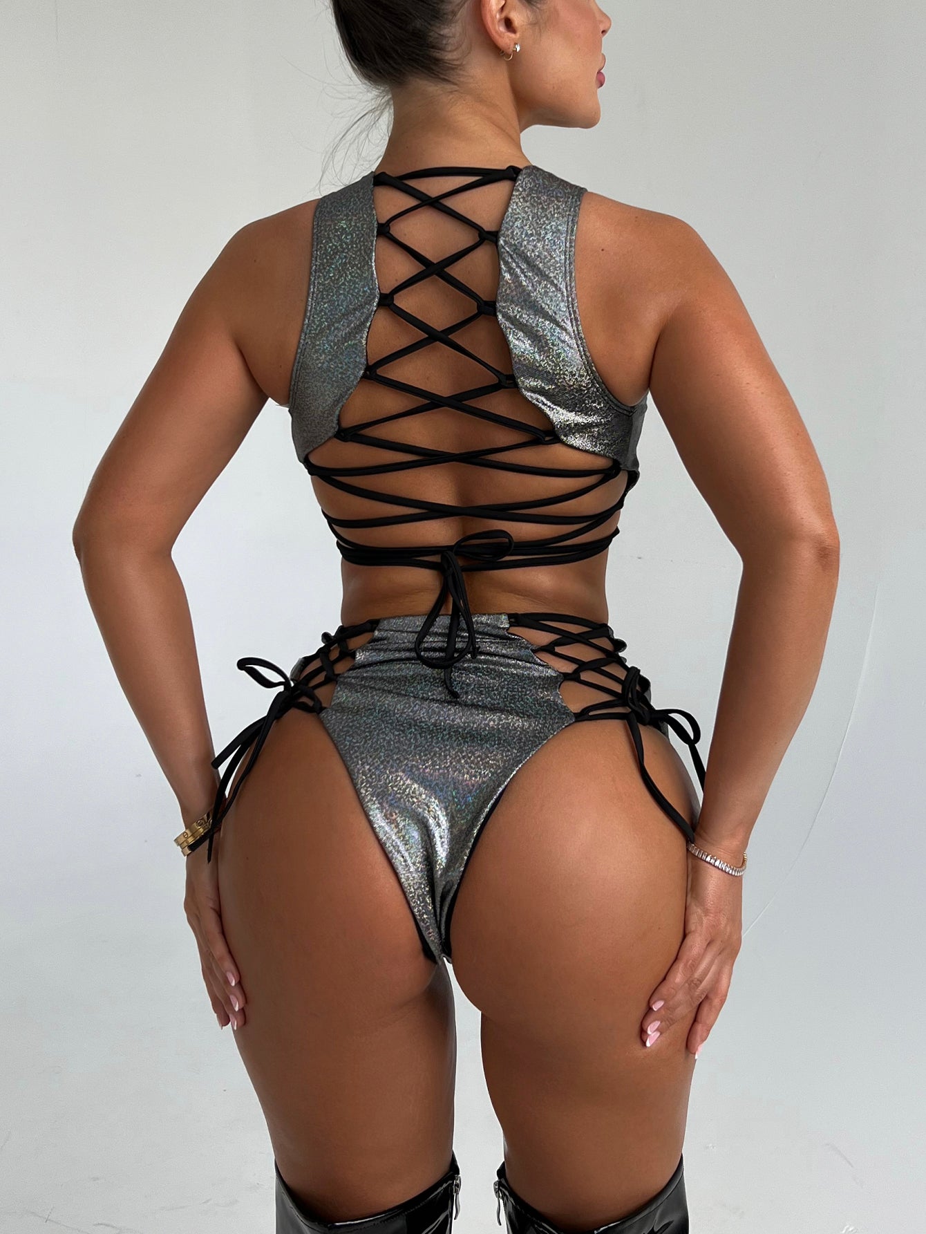 2022 Bikini Split Swimsuit Glitter Cloth Lace Rave Outfits Bikini Costume 2 Pieces Set
