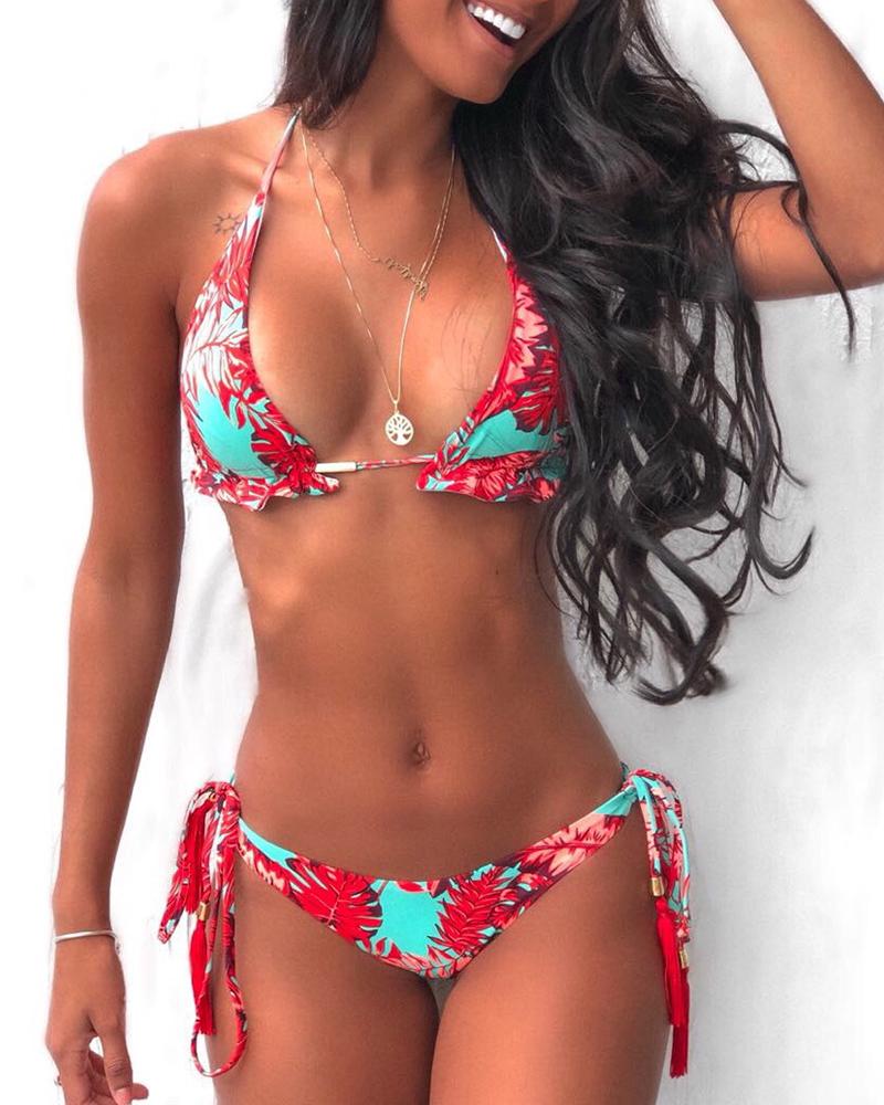 Spaghetti Strap Halter Tropical Print Bikini Set