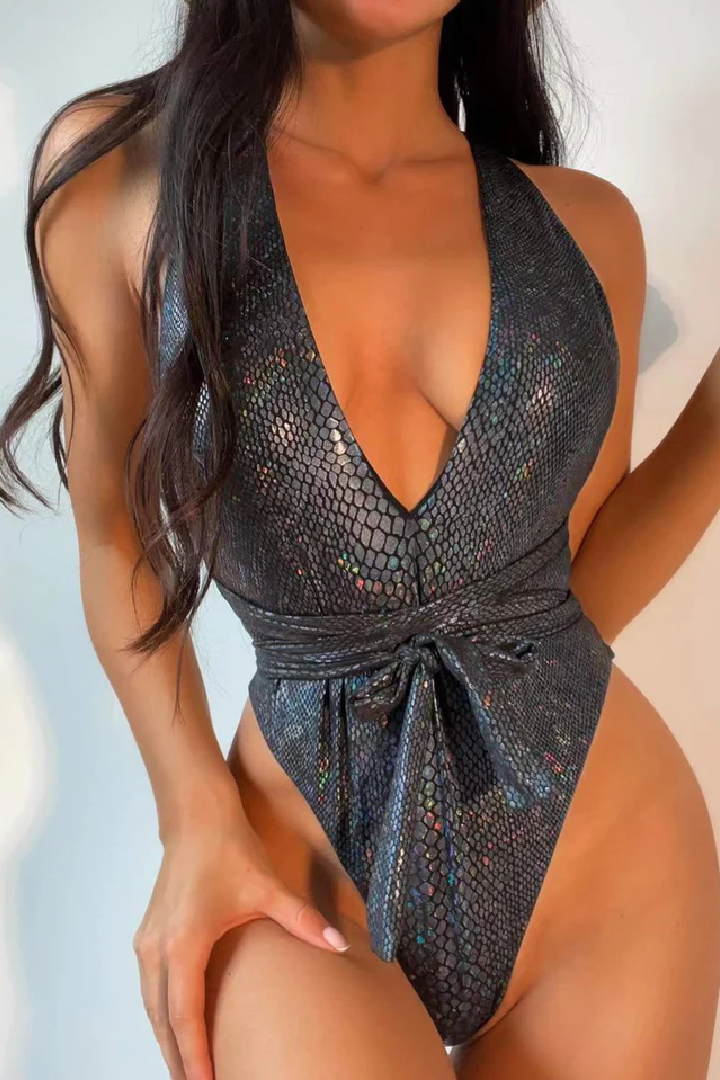 Sexy Deep V-Lace-Up Tight Swimsuit Durable Backless One-piece Set