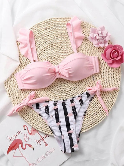 Striped Flamingo Print Side Drawstring Bikini Swimsuit