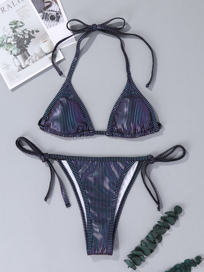 Beachwear Metallic Triangle Tie Side Bikini Swimsuit 2 Pieces Set