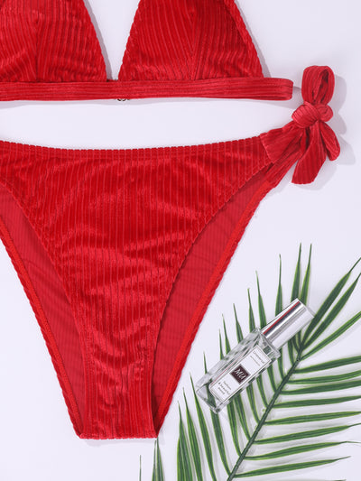 Smocked Triangle Tie Side Bikini Swimsuit 2 Pieces Set