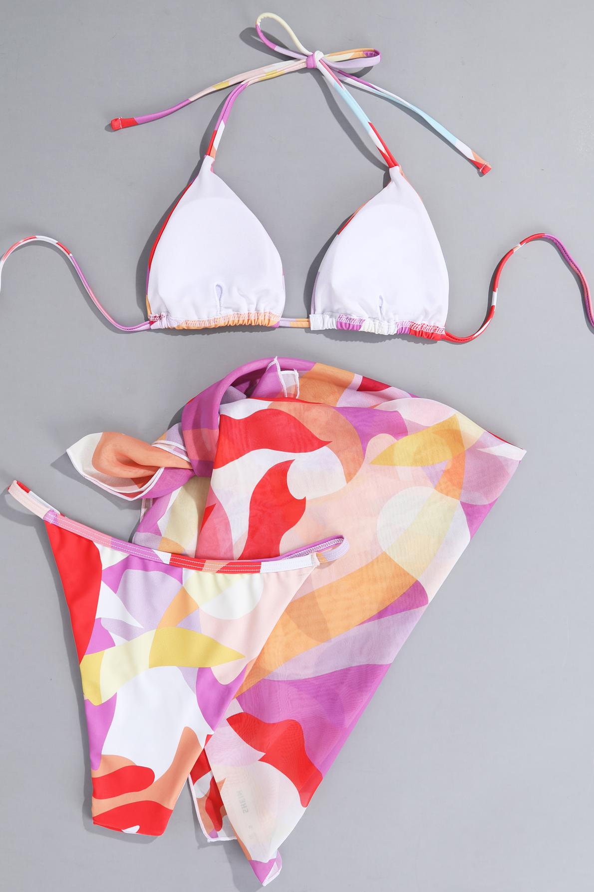 3-Pack Geo Print Triangle Thong Bikini Swimsuit