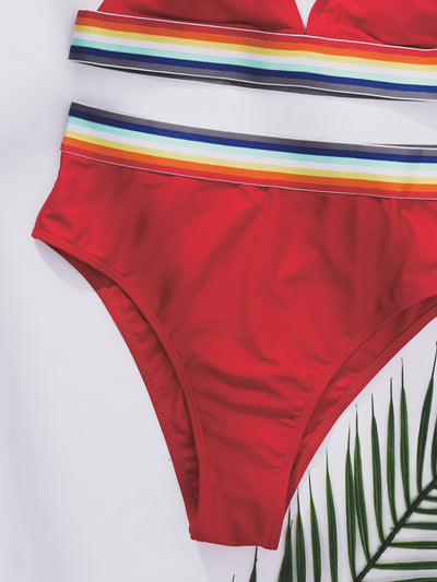 Cute Rainbow Stripe Triangle High Waisted Bikini Swimsuit