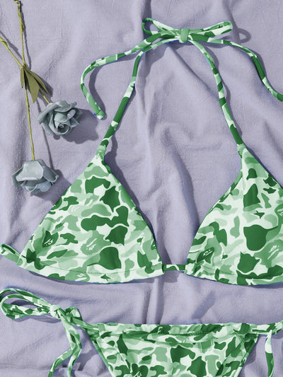 Camo Pattern Triangle Bikini Swimsuit & Scrunchie