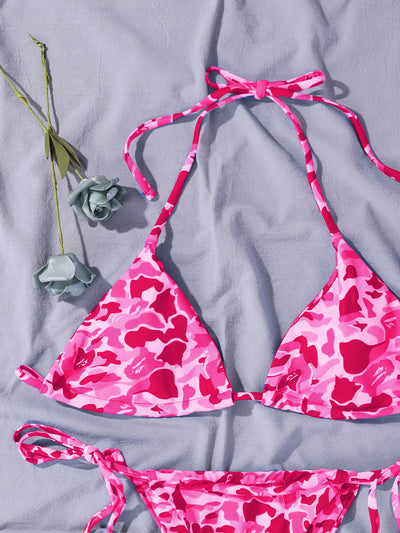 Camo Pattern Triangle Bikini Swimsuit & Scrunchie