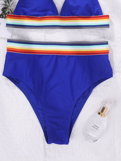 Cute Rainbow Stripe Triangle High Waisted Bikini Swimsuit