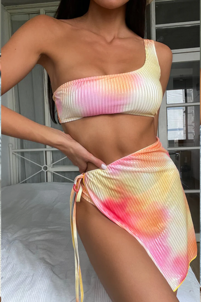3pack Tie-dye One Shoulder Bikini Swimsuit & Beach Skirt 2 Pieces Set
