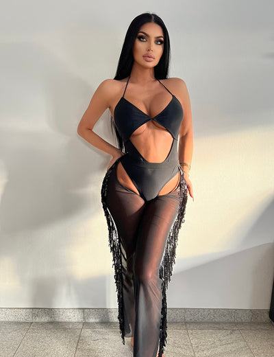 2023 new sexy bodysuit women's bikini black pantyhose fringe bikini spot