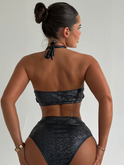 2022 Split Swimsuit Beachwear Black Hollow Lace Bronzing Bikini Sexy Swimwear 2 Pieces Set
