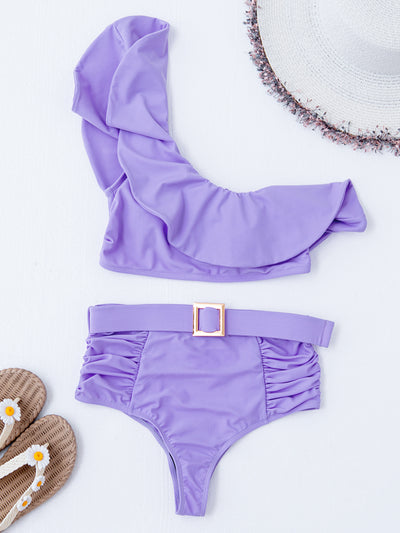 Solid Color Flounce Split Swimsuit