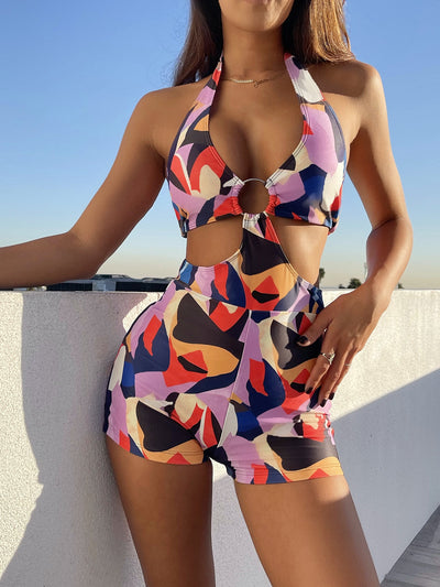 Ring Linked Cut Out Halter One Piece Swimsuit
