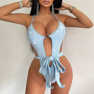 2023 new solid color sexy one-piece swimsuit women lace-up tight backless durable bikini