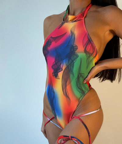 Strap Gradient Multicolour Swimming Suit Sexy Tight One-piece Swimsuit