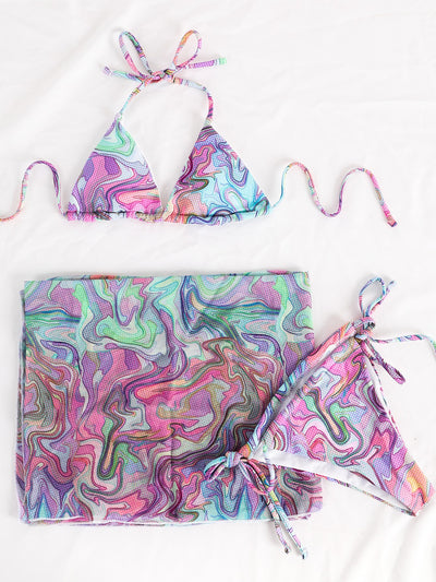 Sexy Backless Lace Up Printed Bikini Three Piece Set