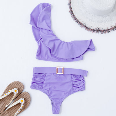 Solid Color Flounce Split Swimsuit