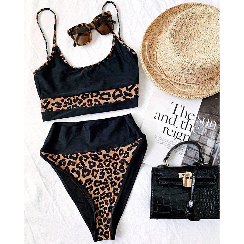 Leopard Print Contrast High Waist Bikini