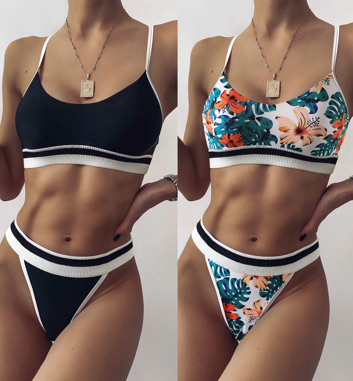 Solid Color Striped Swimsuit
