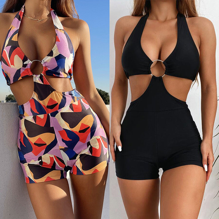 Ring Linked Cut Out Halter One Piece Swimsuit