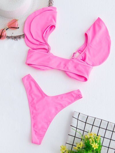 Solid Color Wired Frill Trim Bikini Swimsuit