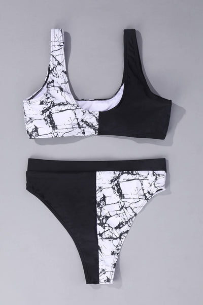 Cut And Sew Buckle Front High Waisted Bikini Swimsuit