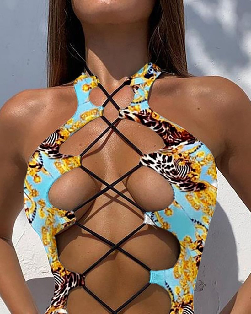 Print Lace-up Plunge One Piece Swimsuit