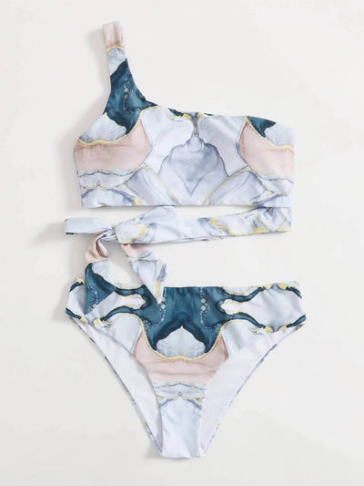 Boho Marble Print One Shoulder Bikini Swimsuit
