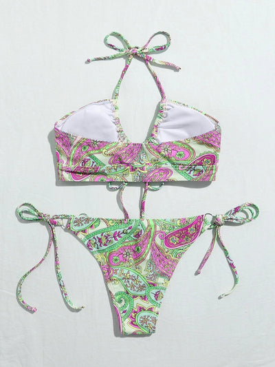 Best Paisley Random Print Halter Tie Side Bikini Swimsuit 2 Pieces Set