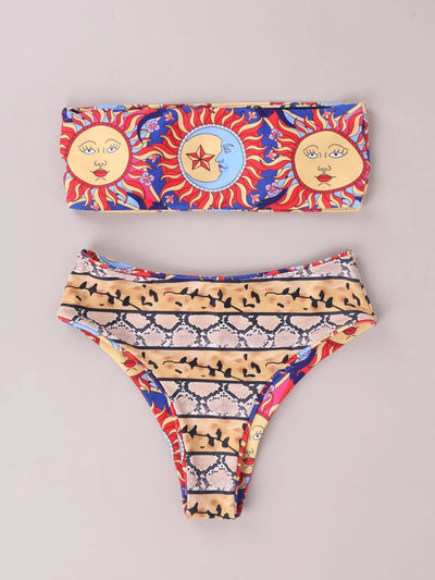 Cute Sun Print Bandeau Bikini Swimsuit