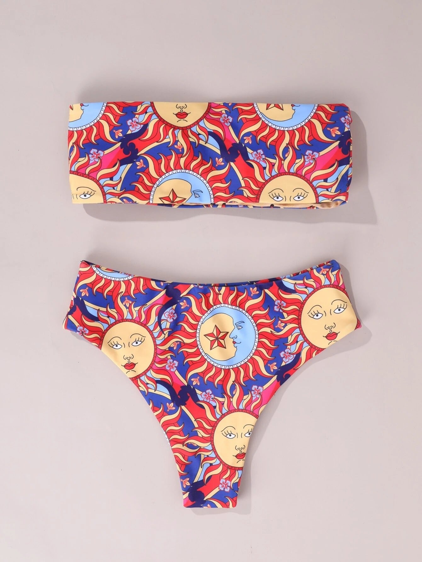 Cute Sun Print Bandeau Bikini Swimsuit